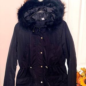 H&M Hooded Fur Jacket- Black